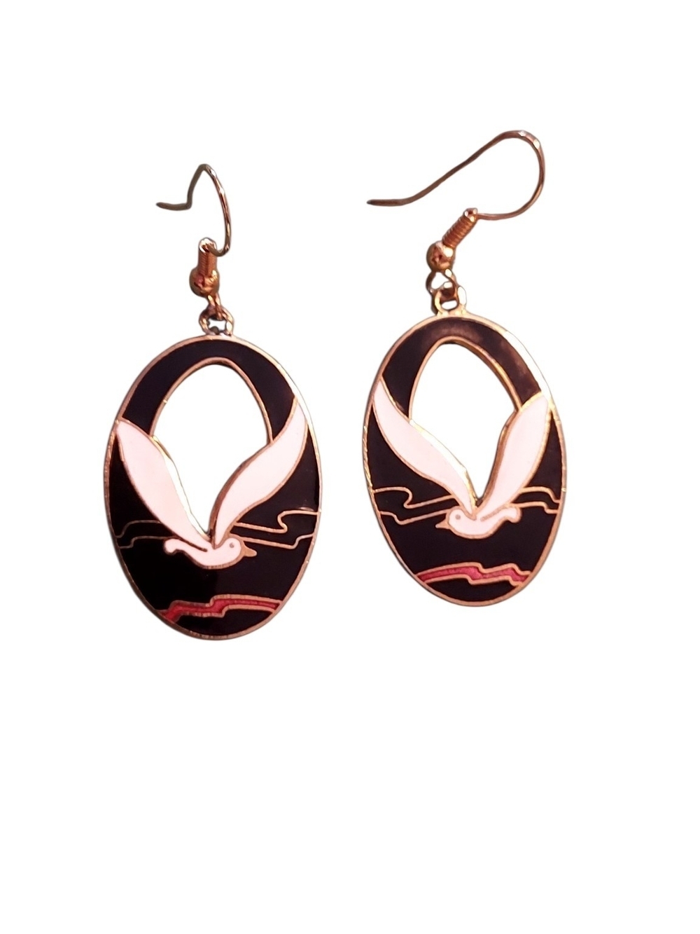 Gold Tone Oval Bird Enamel Drop Earrings - Pink & Black